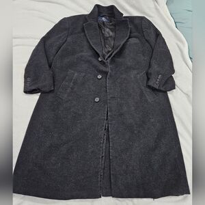 Burberry London 46R Black Wool Long Trench Coat | Silk-Lined Vintage Overcoat